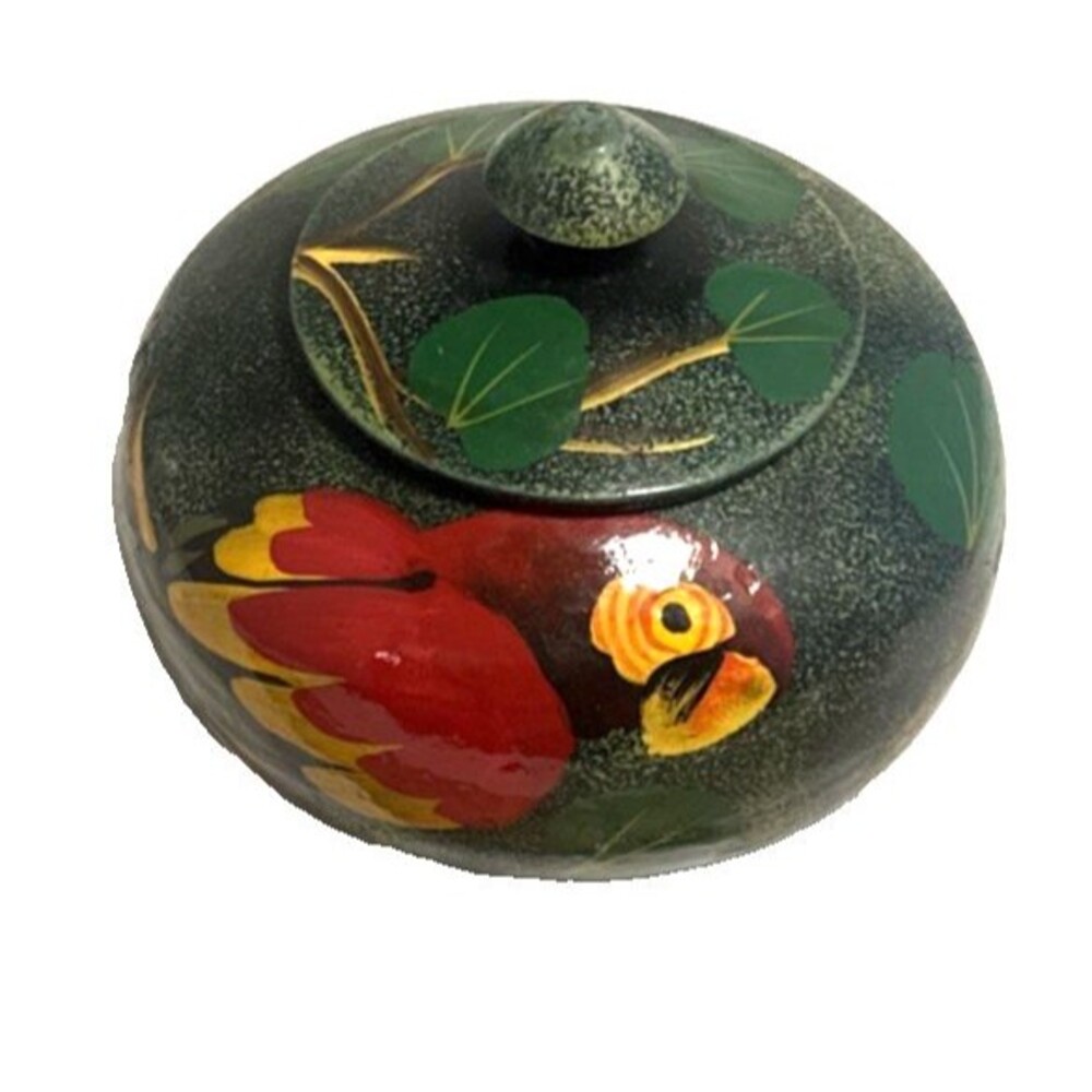 Hand painted wood pod lidded bowl Parrot, Macaw design Trinket jar from Haiti